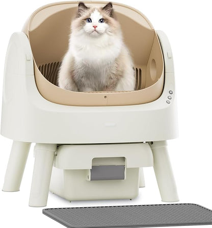 Automatic Litter Box, Self Cleaning Litter Box with Open Top Design, Integrated Safety Protection, Included Mat and Liner, Brown