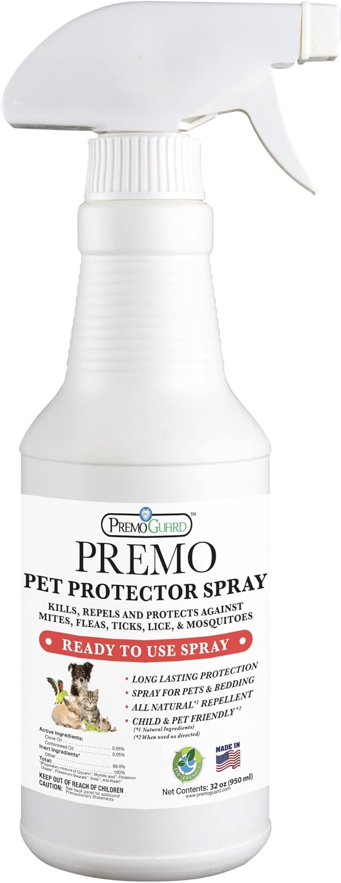Premo Guard Pet Protector Spray - 16 oz - Kills Mites, Fleas, Ticks, & Mosquitoes - for Dogs, Cats, & Home - Natural Plant Based Oils for Control, Prevention & Treatment - Family Safe