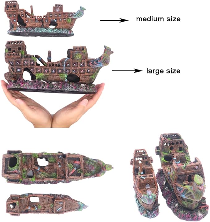 Aquarium Shipwreck Sunken Pirate Ship, Fish Tank Decorations Battleship War Boat for Betta Extra Large XL for 55-75 Gallon Tank