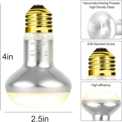 WACOOL 2 Pack Heat Lamp Bulbs for Reptiles, 75W Intense Basking Spot Lights, Simulate Daytime Sunshine Heat Bulbs, UVA Daylight