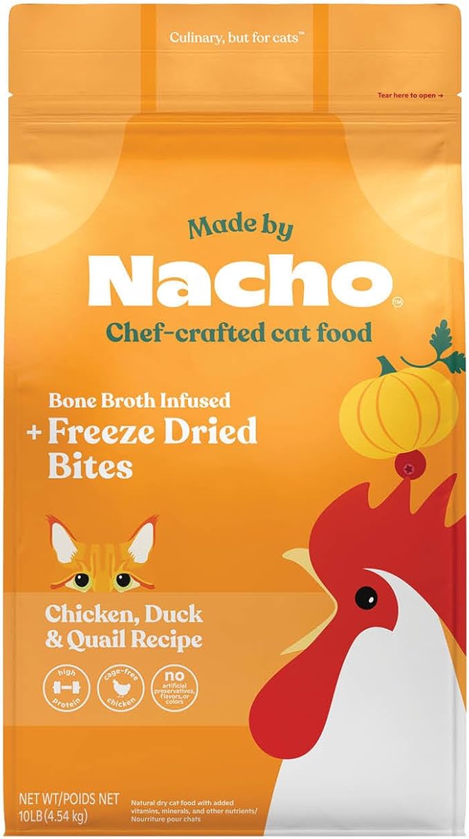 Made by Nacho Dry Cat Kibble 10lb Bag, High Protein Premium Cat Food with Freeze-Dried Pieces, Cage-Free Chicken, Duck & Quail, Limited Ingredients, Single Bag