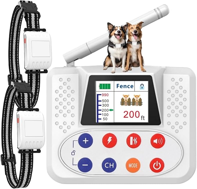 Wireless Dog Fence, Electric Fence for Dogs with Shock Collar, Big Colored LCD Screen, 2 in 1 Portable Pet Fence Outdoor for Yards, Adjustable for Small, Medium, Large Dogs