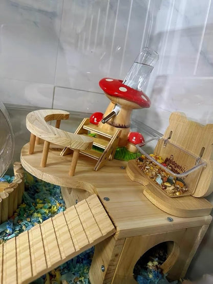 Ceramic Hamster Water Bottle with Stand & 80ML Water Bottle, Water Dispenser for Small Animal, Water Bottle Holder Auto Water Feeding Bottles for Syrian Dwarf Hamster Mice Gerbil (Mushroom Shape, Red)