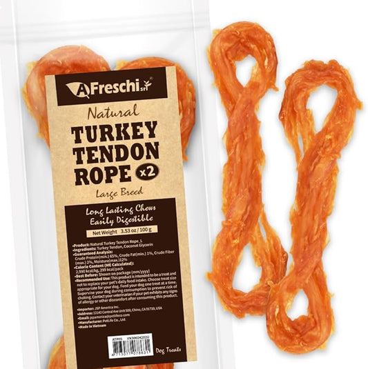 AFreschi Natural Turkey Tendon Rope (L) 3.53 oz, USA-Sourced Turkey Tendon, All Natural Human Grade Dog Chew, Hypoallergenic, Rawhide Alternative, Dog Treats for Large Breeds