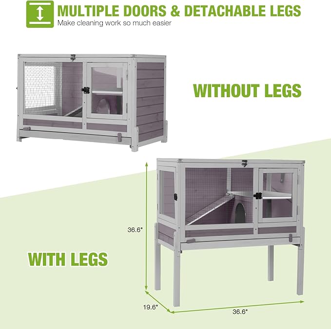 GUTINNEEN Guinea Pig Cages with Anti Chewing Sturdy Plastic Floor and Cool Zinc Plate, Indoor Rabbit Hutch with Hideout and PVC Platform, Elevated Legs Hamster Cage 36.6" L (Grey)