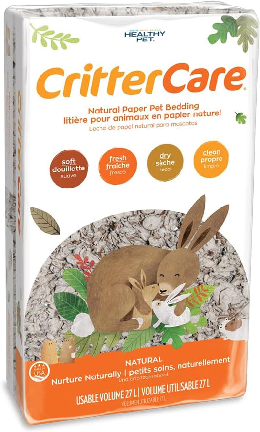 CritterCare Natural Paper Small Pet Animal Bedding - Odor Control, Unscented, 99% Dust Free, Super Absorbent, Natural, 27L, Great for Rabbits, Guinea Pigs, Hamsters, Gerbils, Mice, Rats