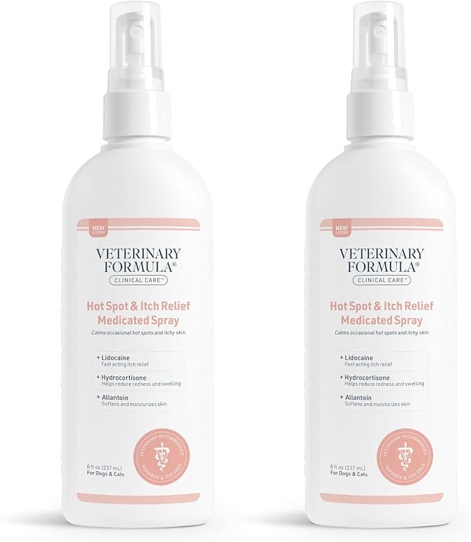Veterinary Formula Clinical Care Hot Spot & Itch Relief Medicated Spray, 8oz – Easy to Use Spray for Dogs & Cats – Helps Alleviate Sensitive Skin, Scratching, and Licking of Coat (2 Pack)