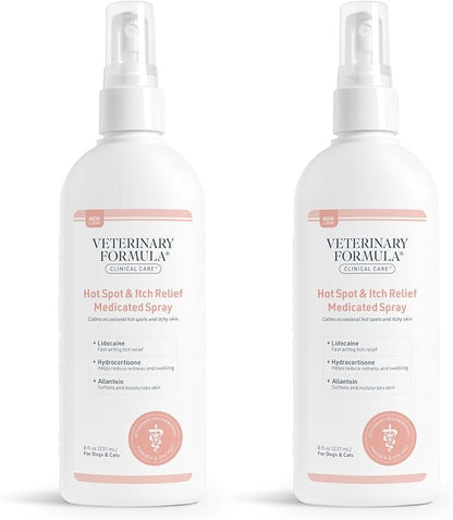 Veterinary Formula Clinical Care Hot Spot & Itch Relief Medicated Spray, 8oz – Easy to Use Spray for Dogs & Cats – Helps Alleviate Sensitive Skin, Scratching, and Licking of Coat (2 Pack)