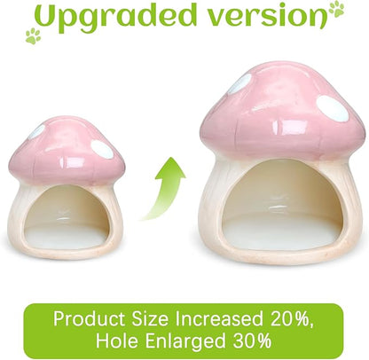 BNOSDM Ceramic Hamster Hideout and Food Bowl Set Cute Mushroom Shape Hamster House and Habitat Cool Hamsters Hide Suitable for Syrian, Mice, Dwarf Hamsters, Gerbils (Pink)