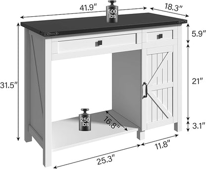 40 Gallon Fish Tank Stand with Power Outlets, Farmhouse Decorative Aquarium Stand Furniture with Adjustable Shelves and Drawer, Reptile Turtle Tank Stand with Cabinet Storage (White, 30-40GL)