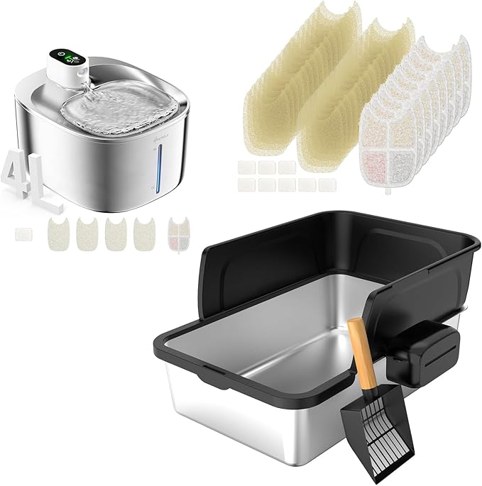 Cordless Cat Water Fountain Stainless Steel+ Litter Box Set, 4L Automatic Wireless Pet Water Dispenser with 20pack Filter + Cat Litter Box Sets for Multi Pet Family