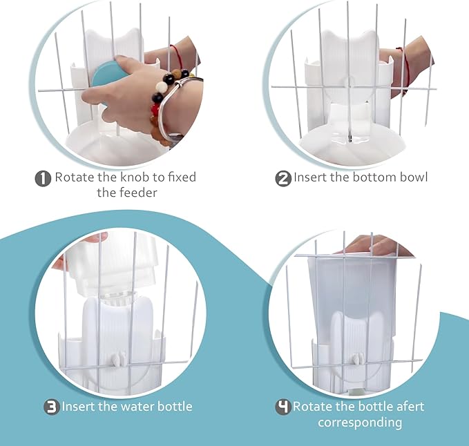 Hanging Cage Automatic Small Pet Food Bowl Water Bottle Dispenser, 1L Auto Gravity Pet Feeder and Waterer Set Kennel Feeding Station Crate Feeder Dish for Rabbit Puppy Cats Ferret (Blue)