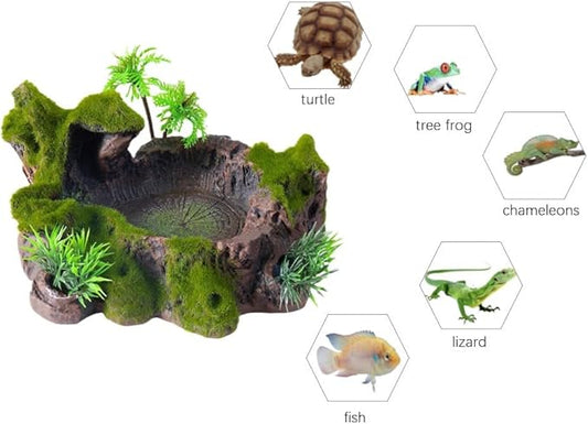 QIRMIZI Reptile Decor, Plastic Reptile Platform with Artificial Plants - Basking Habitat Decor for Lizard, Turtle, Frog, Snake
