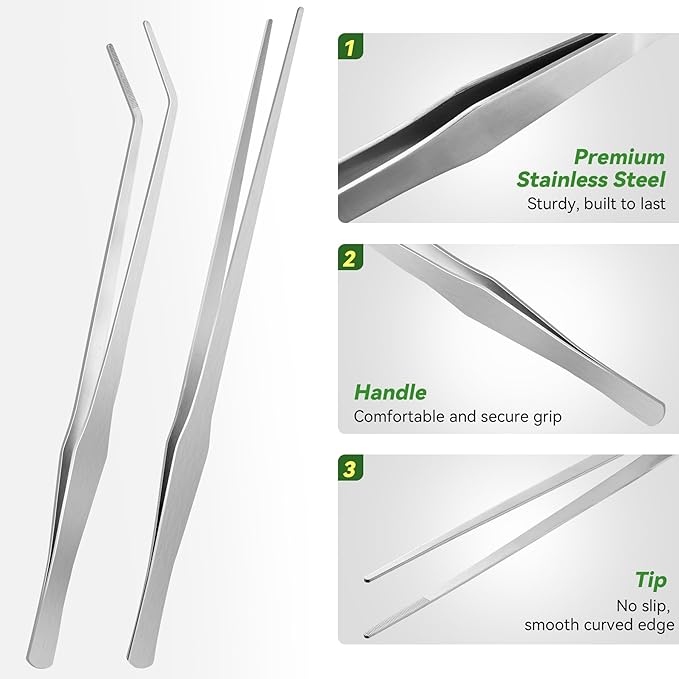 Long Aquarium Tweezers 15 inch - 4 Pcs Stainless Steel Crafts Tweezer Curved & Straight Design with No Slip Tips, Reptile Feeding Tongs, Terrarium Aquascape Tools Snake Bearded Dragon Tank Accessories