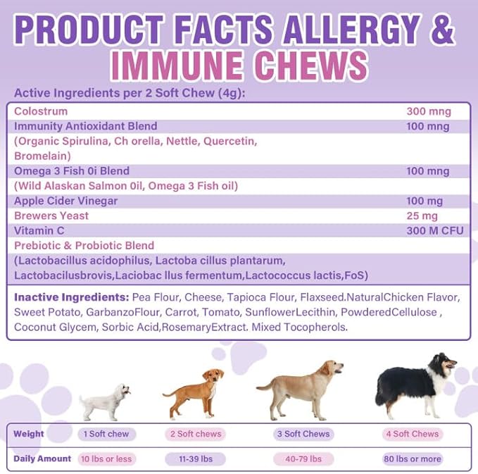 Dog Allergy Chews 500PCs， Dog Allergy and Itching Skin Relief Anti Itch Aller Immune Bites for Dogs Itching Licking Paws Treatment Relief Itchy Chew Probiotics Vitamins for Skin and Coat Allergies