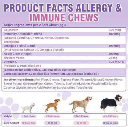 Dog Allergy Chews 500PCs， Dog Allergy and Itching Skin Relief Anti Itch Aller Immune Bites for Dogs Itching Licking Paws Treatment Relief Itchy Chew Probiotics Vitamins for Skin and Coat Allergies