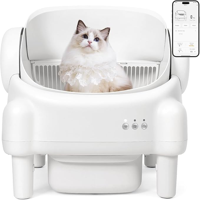 Self Cleaning Litter Box,Open Top Automatic Litter Box with App Control for Multiple Cats, Safety Sensors Protection, Odor Control Includes 2 roll Liners,Large Waste Bin, Cream White