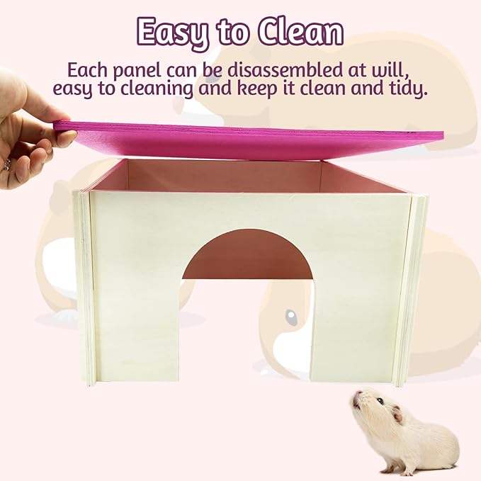 Fhiny Guinea Pig Wood House with Windows and Roof, Detachable Chinchilla Hut Hideout Hideaway Natural Hamster Habitat Decor for Hamsters Hedgehogs Squirrels or Other Small Animals (Random Color)
