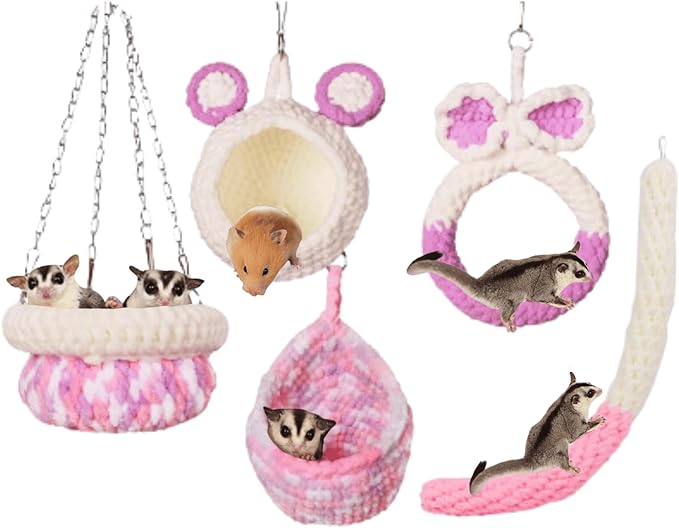 5Pcs Hamster Cage Hammock Small Animals Hanging Hammocks with Squirrel Cages Accessories Hang Tunnel Swing for Sugar Glider Toys Rat Swing Jungle Set Plush Hamsters Warm Beds (Pink)
