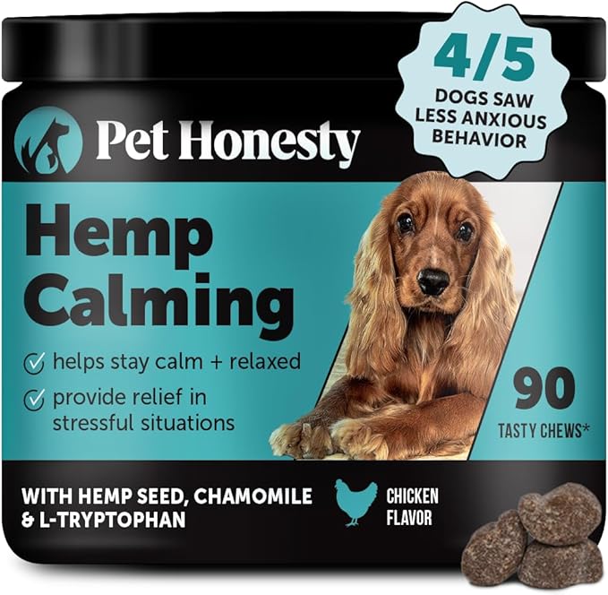 Natural Hemp Calming Chews for Dogs - Dog Anxiety Relief - Calming Aid Supplement with Valerian Root, Chamomile, + Magnesium - Stress, Separation & Thunder Support - (Chicken, 90 Count)