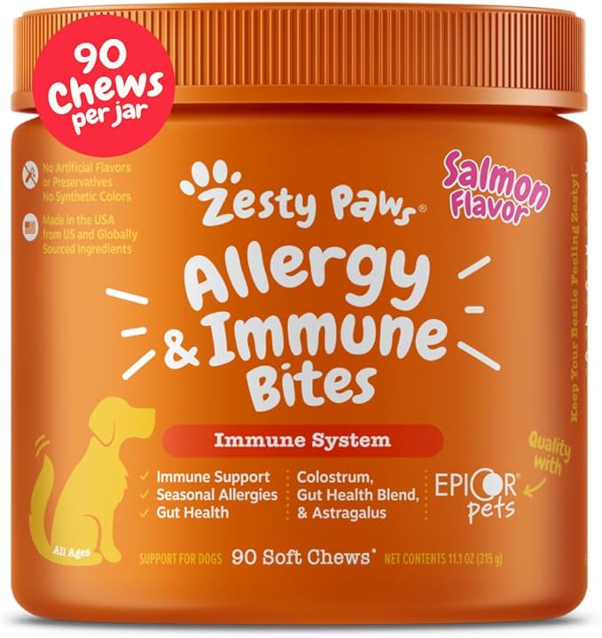 Zesty Paws Dog Allergy Relief Chews, Dog Probiotics for Itchy Skin and Ears, Salmon, 90ct