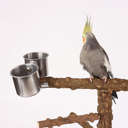Natural Wood Parrot Stand - Ideal Toy & Accessory for Parakeets, Canaries, Cockatiels, Conure, Lovebirds - Large Bird Perch Stand with Removable Tray and Feeder Cups - Perfect Pet Birds Playstand