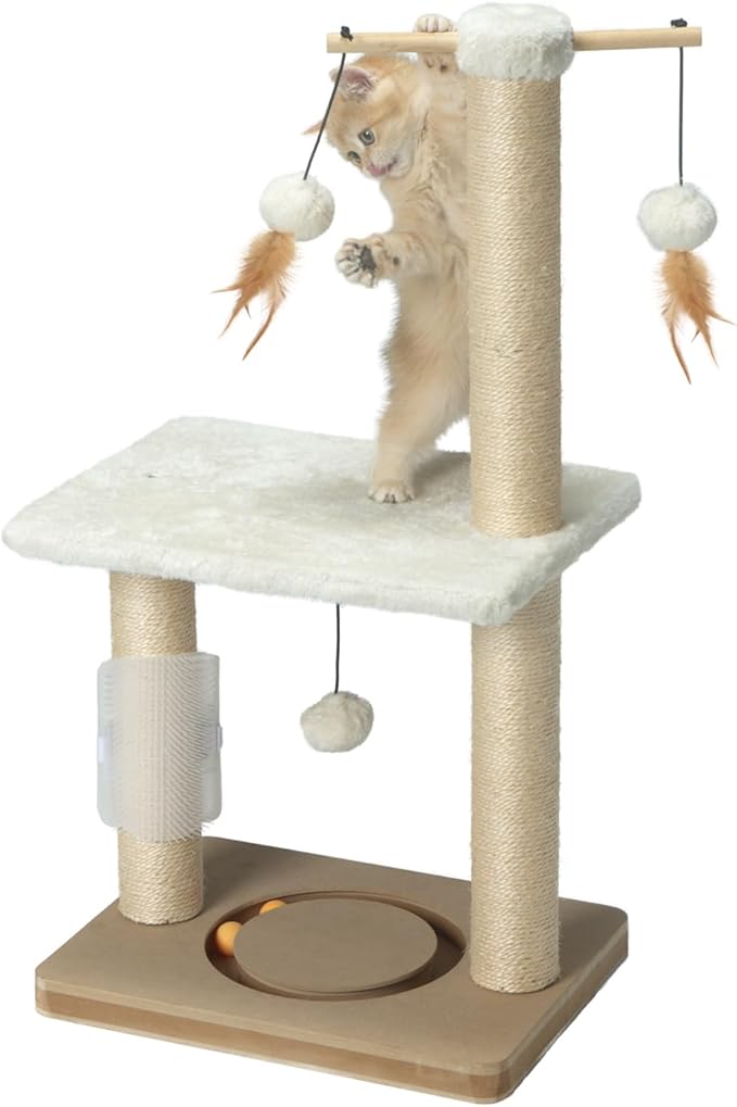 PEEKAB Cat Scratching Post 31in Tall Sisal Scratch Posts with Perch Tracking Interatcive Toys Vertical Scratcher for Indoor Cats and Kittens,Three Hanging Ball Self Massage Brush Beige