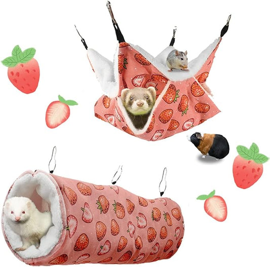 LYART Guinea Pig Rat Ferret Hammock and Warm Bed Small Pet Hideout Tunnel Cave Hanging Bunkbed Hammock Cage Toy for Hamster Sugar Glider Squirrel (3.Hammock & Tunnel)