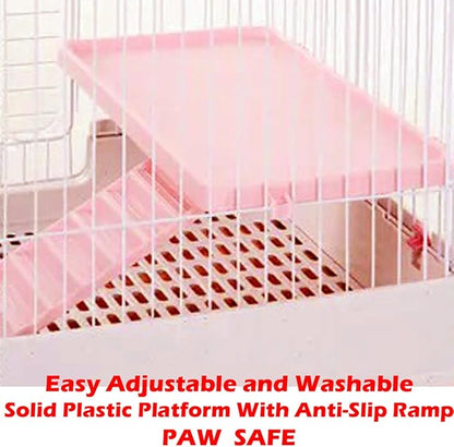X-Large Pink Deluxe Muli-Level Indoor Rabbit Hutch Cage for Ferret Squirrel Chinchilla Solid Platform Ramp Paw Safe Mesh Floor Pull Out Leakproof Easy Clean 2-Inch Deep Tray Lockable Casters