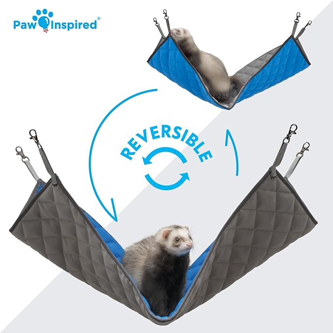 Paw Inspired Hanging Fleece Hammock for Ferrets, Rats, Chinchillas, Sugar Gliders, Small Pets | Hideout Toy for Guinea Pigs, Hamsters | Swivel Clips for Small Animal Cages (Gray/Blue)