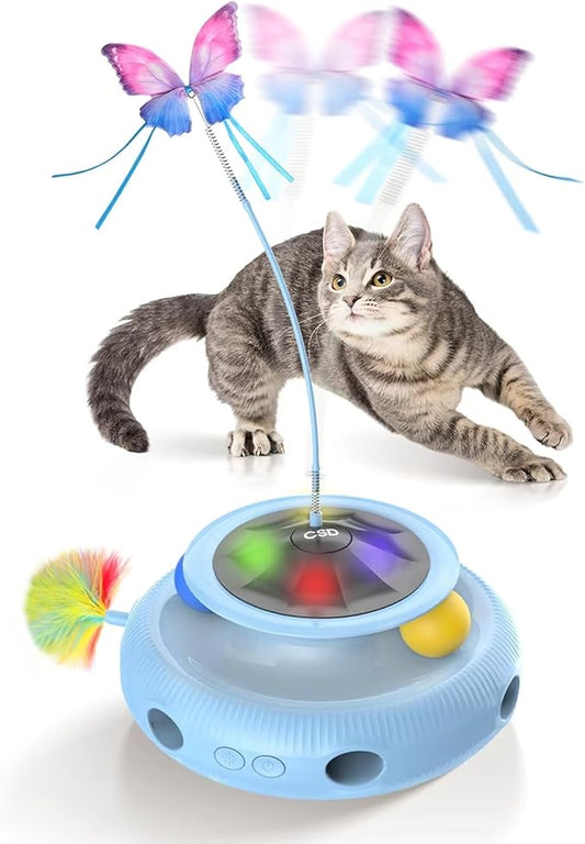 Automatic Interactive Cat Toys for Indoor Cats & Bored Adults - Kitten Toys with Fluttering Butterfly, Ambush Feather & Track Balls - Exercise & Stimulation for Playful Cats (Sky Blue)