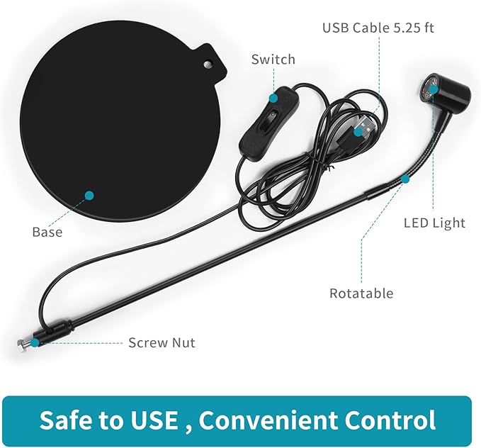 LED Aquarium Light, 3W USB Powered Fish Tank Plant Lamp with Black Base Board for 360 Betta Fish Bowl, Potted Plants, Succulents, Miniature Landscape