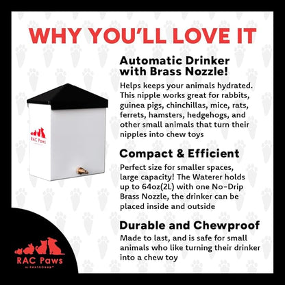 RentACoop 64oz(2L) Small Animal Drinker with Sliding Lid and No-Drip Brass Nozzle - Suitable for Small Pets, Bunnies, Hamsters, Guinea Pigs, Hedgehogs, Rabbits, Chinchillas, Mice and Rats