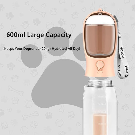 20oz Dog Water Bottle with Food Container & Poop Bag Dispenser | Leak-Proof Portable Pet Water Dispenser with Carabiner Clip | for Walking, Hiking, Travel (Peach, 20oz)