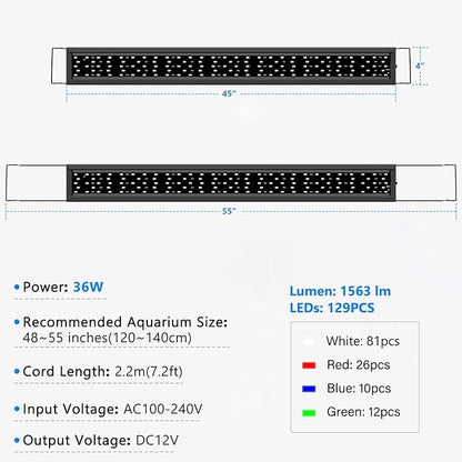AQQA Aquarium Light,Full Spectrum Fish Tank Light for Plants,3 Mode+Timer+Adjustable Brightness,High Brightness LED Beads with Extendable Brackets for Freshwater (36W for 48-55inch)