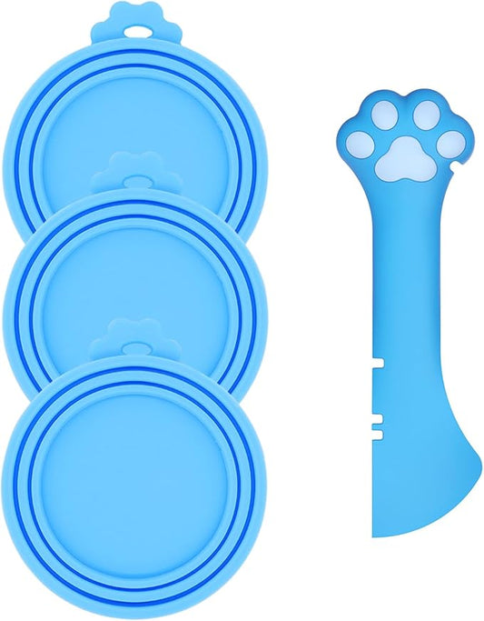 Pet Can Opener & 3 Pcs Cat Food Can Lids | Universal BPA Free Silicone Covers & Multi-Function Wet Food Spoon for Cat and Dog Food(Blue)