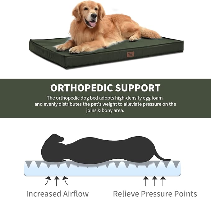 Outdoor All Weather Dog Bed, Waterproof Dog Bed for Medium Dogs, Orthopedic Egg Foam Pet Bed with Removable Cooling Cover, Dark Green