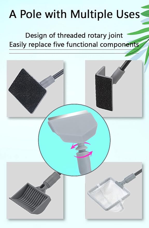 6-in-1 Aquarium Cleaning Tools Fish Tank Cleaning Kit with Long Handle, Algae Scraper,Flat Cleaning Pad,Right-Angle Cleaning Pad,Fish Net, Gravel Rake