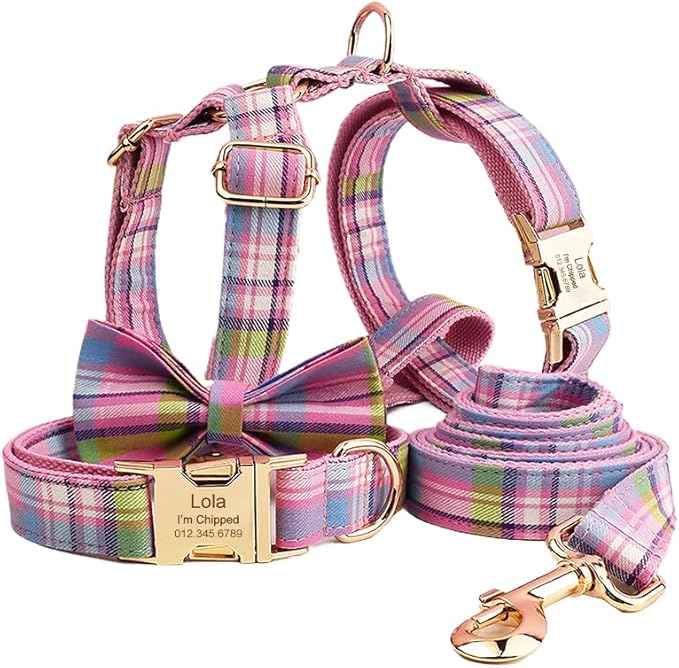 Custom Dog Collar with Names and Phone Number Engraved, Puppy Tags Personalized for Small Medium Large Pets (Colorful Plaid, XL)