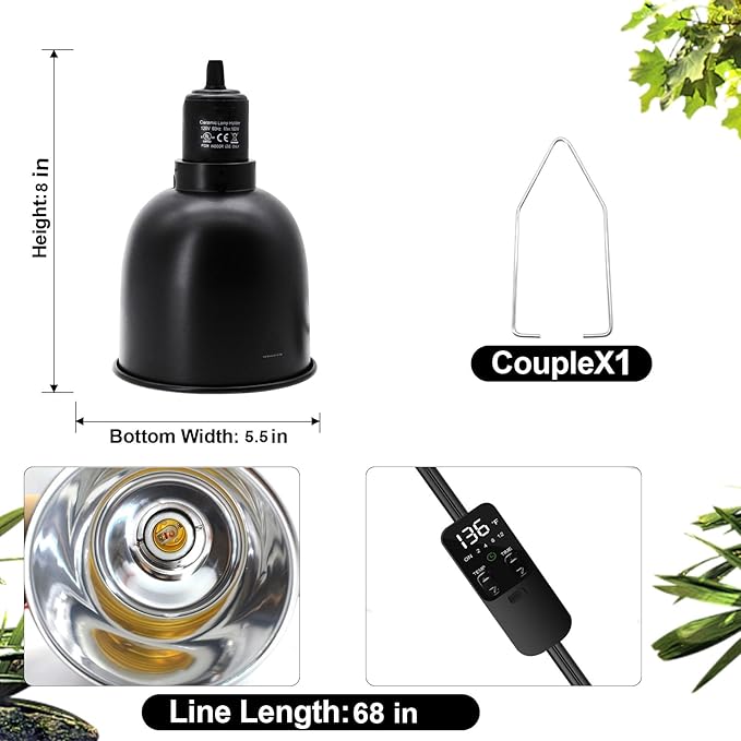 5.5" Deep Dome Reptile Lamp Fixture with Thermostat Timer & Dual Controls, Heat-Resistant Ceramic Bulb Holder for Bearded Dragons, Snakes, Turtles & Geckos