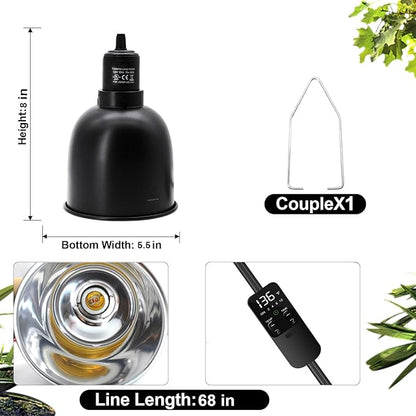 5.5" Deep Dome Reptile Lamp Fixture with Thermostat Timer & Dual Controls, Heat-Resistant Ceramic Bulb Holder for Bearded Dragons, Snakes, Turtles & Geckos