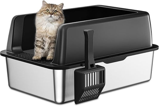 Zarler Stainless Steel Litter Box with Lid, Extra Large Cat Litter Boxes, XL Large Metal Litter Box for Big Cats with High Sided, Black (Non-Sticky, Easy to Clean, Anti-Urine Leakage)