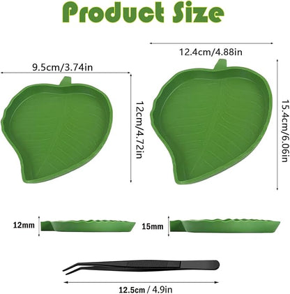 KABASI 2PCS Leaf Reptile Water Dish with Tweezers, Reptile Habitat Accessories Food Bowl, Pet Feeding Plate for Tortoise Corn Snake Bearded Dragon Snake Lizard Drinking and Eating, 2 Sizes