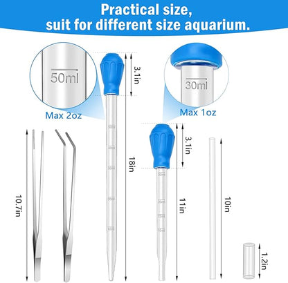 5 in 1 Aquarium Coral Feeder Kit, Luxiv 2 Pcs 60ml and 30ml Aquatic Reef Feeding Dropper with 10in Extender Pipe, 2 Pcs Stainless Steel Straight and Curved Aquarium Tweezers for Feeding Tong (Silver)