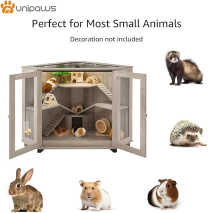 unipaws Chinchillas Cage with Ramp, Rat Cage with House, Hedgehog Cage, Critter Nation Cage for Hamster, Squirrel, Clear Acrylic, Corner Small Animal Cage