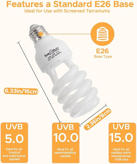13 W UVA UVB 5.0 Reptile Lights 2Pack Energy Saving Reptile Heat Lamp UVB Bulb Spiral Compact Bulb Fit for Rainforest Type Reptile/Snake/Lizard/Insect/Turtle/Tortoise