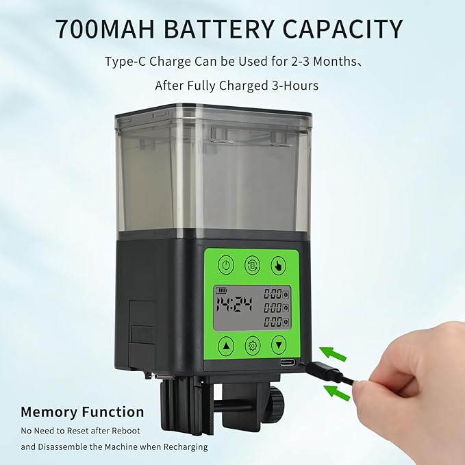 Automatic Fish Feeder for Aquarium with Timer, LCD Display 320ML Large Capacity Adjustable Fish Dispenser, Operated Feeders for Goldfish, Turtle for Vacation, Weekend or Daily Use(Green)