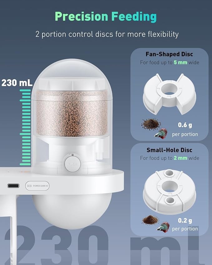 Pawfly WiFi Automatic Fish Feeder for Aquariums, Smart Auto Fish Food Dispenser with App Control 2.5 K HD Camera & Timer, 230 mL Vacation Feeder for Powder Pellets & Small Pillars, USB Powered