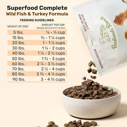 BADLANDS RANCH- Superfood Complete, Air-Dried Adult Dog Food - High Protein, Zero Fillers, Superfood Nutrition by Katherine Heigl (24 oz. Wild Fish and Turkey Formula)