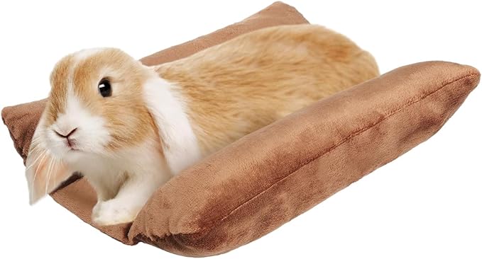 MEWTOGO 15.7 x 14In Rabbit Bed, Thickened Soft Bunny Bed, Cuddle Cushion Plush Mat with Cotton Lounger Pillows, Small Pet Flop Mat for Cage Sleeping Indoor Bunny Gifts, Brown